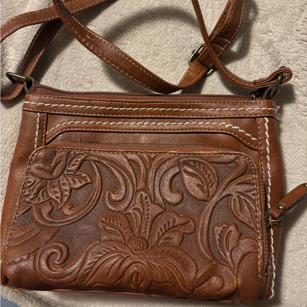 b.o.c. Brown Tooled Floral Leather Crossbody Bag